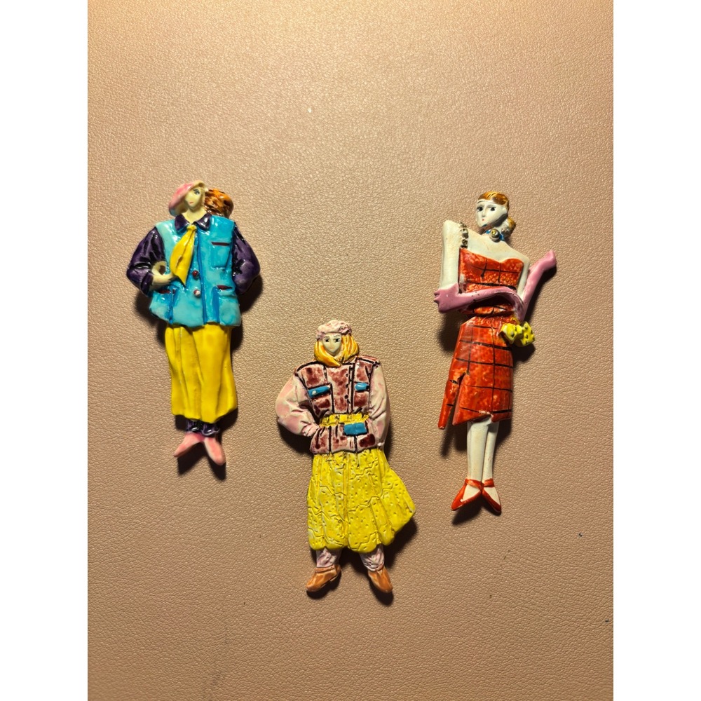 Vintage hand-painted 80s Fashion Lady Brooches Set of 3